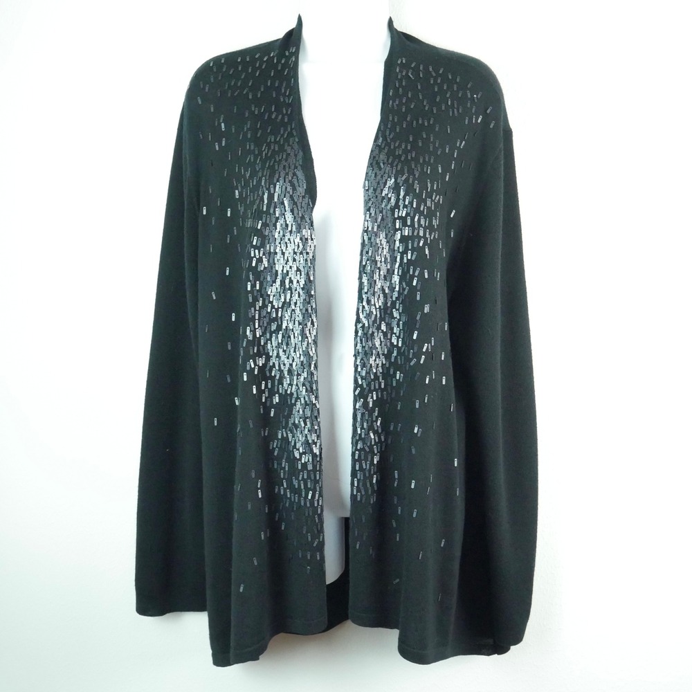 Eileen Fisher Black 100% Merino Wool Sequin Open Front Cardigan XL Holiday Xmas